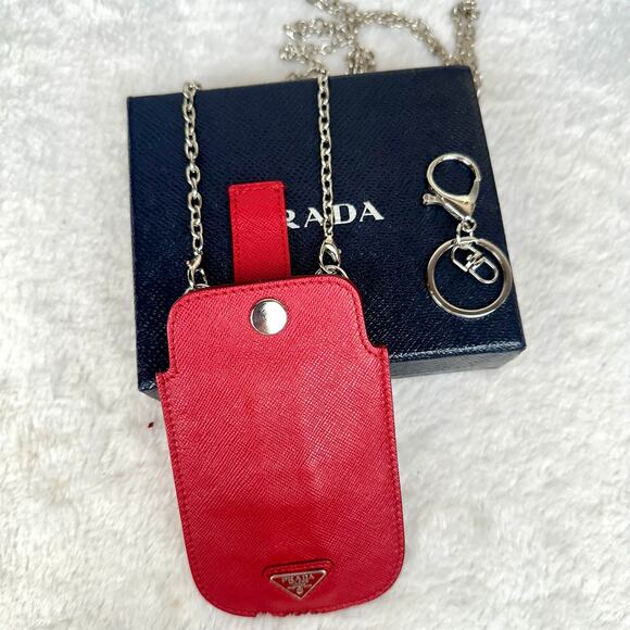 Prada red leather lanyard ID holder on chain - Picture 11 of 13